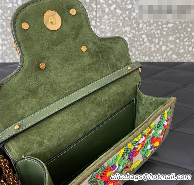 Top Quality Valentino Garavani Locò Small Shoulder Bag In Beads Embroidered Canvas and Suede 5085 Green 2026