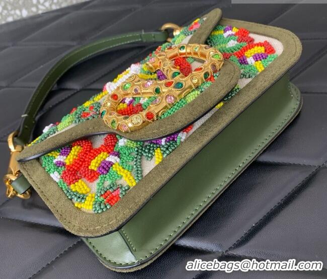 Top Quality Valentino Garavani Locò Small Shoulder Bag In Beads Embroidered Canvas and Suede 5085 Green 2026