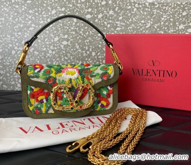 Top Quality Valentino Garavani Locò Small Shoulder Bag In Beads Embroidered Canvas and Suede 5085 Green 2026