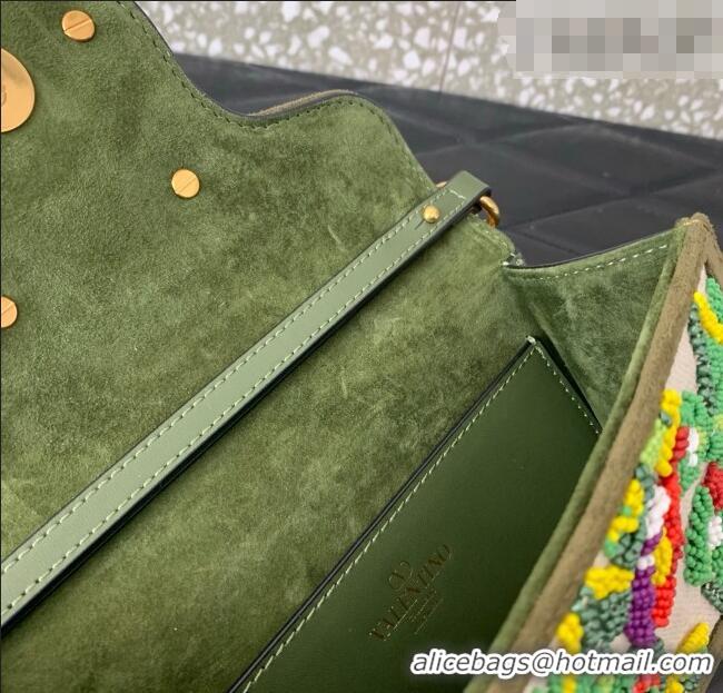 Top Quality Valentino Garavani Locò Small Shoulder Bag In Beads Embroidered Canvas and Suede 5085 Green 2026