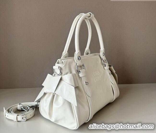 Best Price Miu Miu Ribbon Shiny Leather Top Handle Bag 5BA327 White 2026