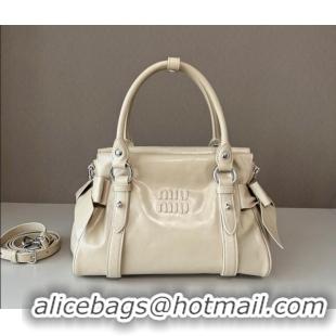 Top Quality Miu Miu Ribbon Shiny Leather Top Handle Bag 5BA327 Light Beige 2026