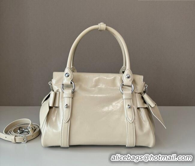 Top Quality Miu Miu Ribbon Shiny Leather Top Handle Bag 5BA327 Light Beige 2026