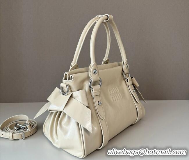 Top Quality Miu Miu Ribbon Shiny Leather Top Handle Bag 5BA327 Light Beige 2026