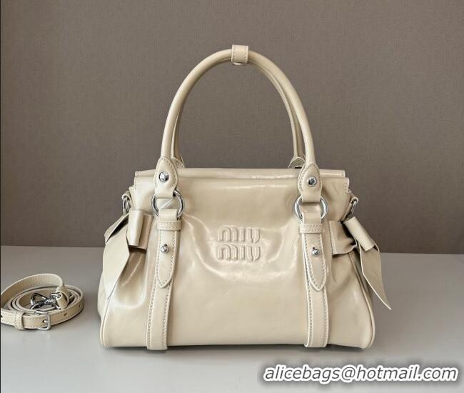 Top Quality Miu Miu Ribbon Shiny Leather Top Handle Bag 5BA327 Light Beige 2026