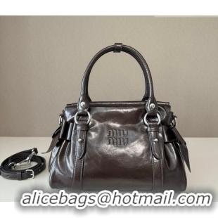 Discount Miu Miu Ribbon Shiny Leather Top Handle Bag 5BA327 Dark Brown 2026