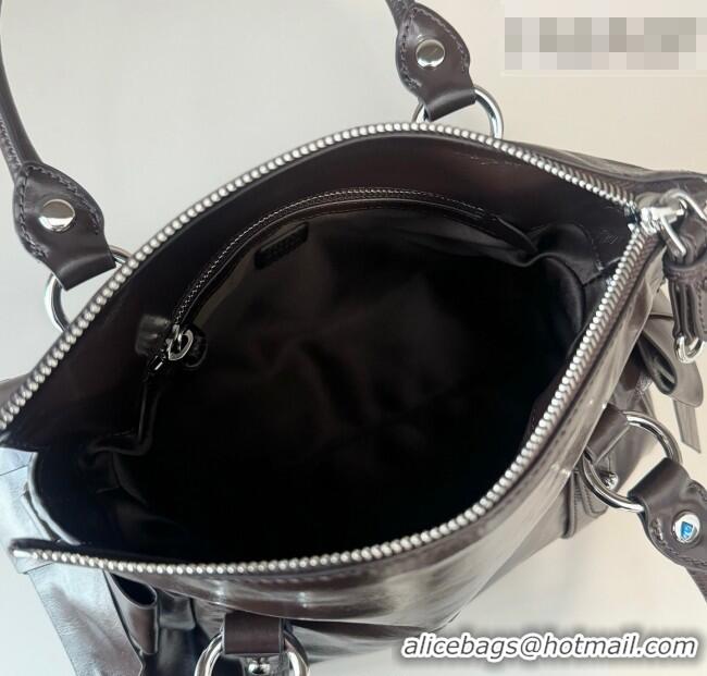 Discount Miu Miu Ribbon Shiny Leather Top Handle Bag 5BA327 Dark Brown 2026