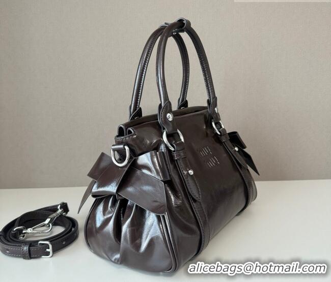 Discount Miu Miu Ribbon Shiny Leather Top Handle Bag 5BA327 Dark Brown 2026