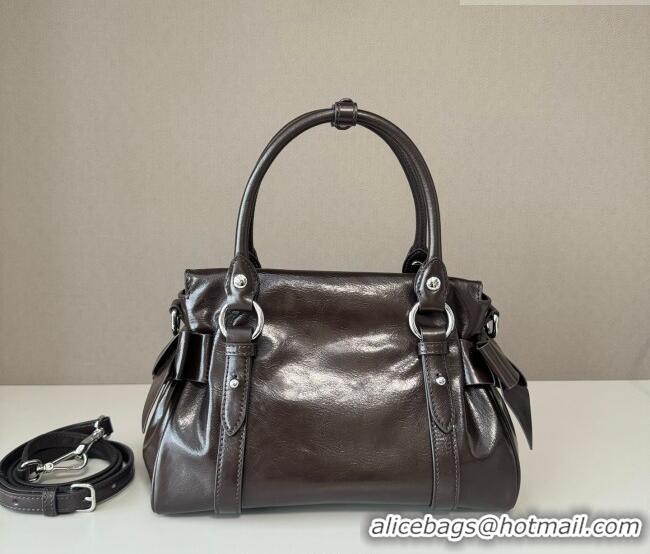 Discount Miu Miu Ribbon Shiny Leather Top Handle Bag 5BA327 Dark Brown 2026