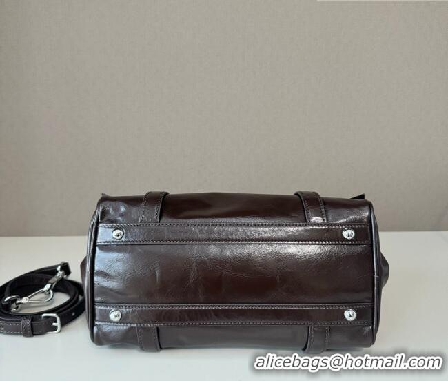 Discount Miu Miu Ribbon Shiny Leather Top Handle Bag 5BA327 Dark Brown 2026