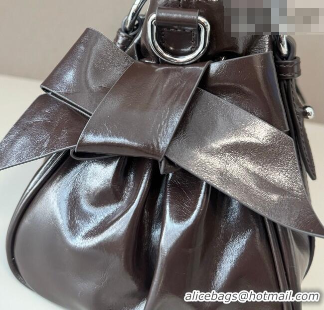 Discount Miu Miu Ribbon Shiny Leather Top Handle Bag 5BA327 Dark Brown 2026