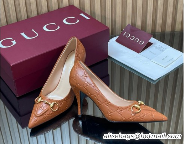 Classic Hot Gucci GG Leather Pumps 8.5cm with Horsebit 853466 Brown 2026