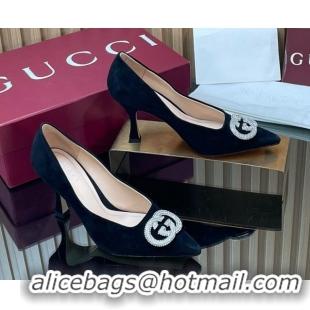 Purchase Gucci Suede Pumps 8.5cm with Strass Interlocking G 852995 Black 2026