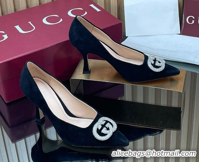 Purchase Gucci Suede Pumps 8.5cm with Strass Interlocking G 852995 Black 2026