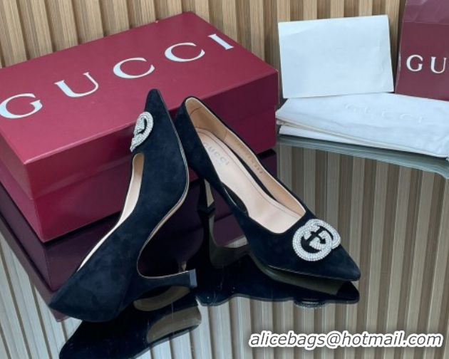 Purchase Gucci Suede Pumps 8.5cm with Strass Interlocking G 852995 Black 2026