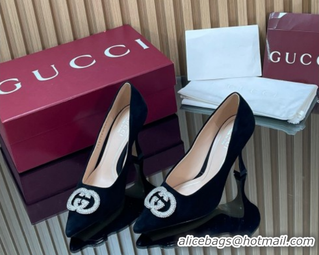 Purchase Gucci Suede Pumps 8.5cm with Strass Interlocking G 852995 Black 2026