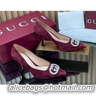 Grade Quality Gucci Suede Pumps 8.5cm with Strass Interlocking G 852995 Burgundy 2026