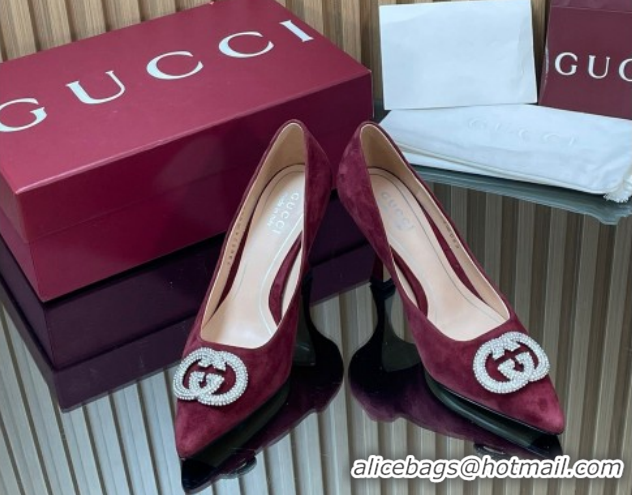 Grade Quality Gucci Suede Pumps 8.5cm with Strass Interlocking G 852995 Burgundy 2026