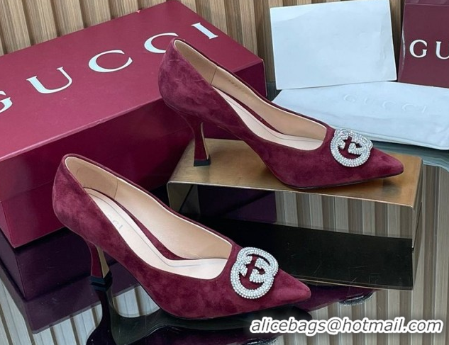 Grade Quality Gucci Suede Pumps 8.5cm with Strass Interlocking G 852995 Burgundy 2026