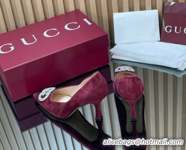 Grade Quality Gucci Suede Pumps 8.5cm with Strass Interlocking G 852995 Burgundy 2026