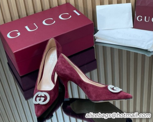 Grade Quality Gucci Suede Pumps 8.5cm with Strass Interlocking G 852995 Burgundy 2026