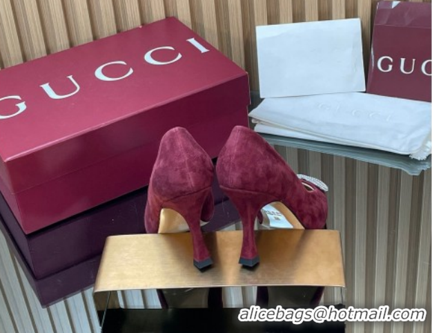 Grade Quality Gucci Suede Pumps 8.5cm with Strass Interlocking G 852995 Burgundy 2026