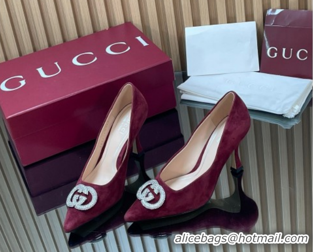 Grade Quality Gucci Suede Pumps 8.5cm with Strass Interlocking G 852995 Burgundy 2026