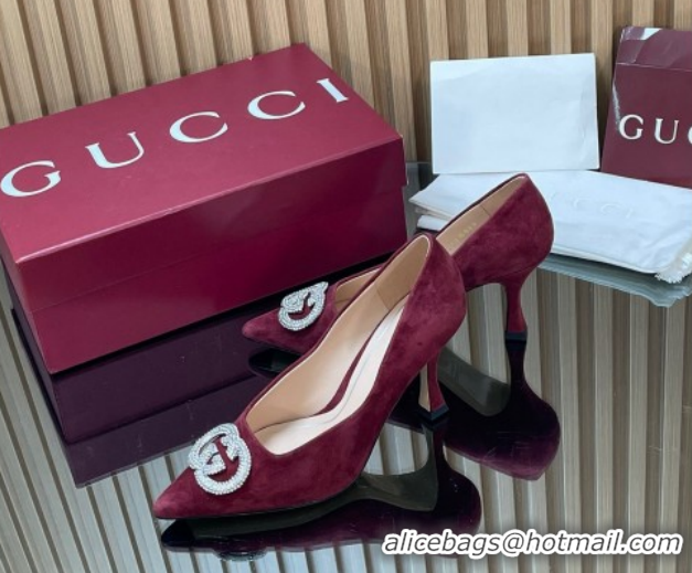 Grade Quality Gucci Suede Pumps 8.5cm with Strass Interlocking G 852995 Burgundy 2026