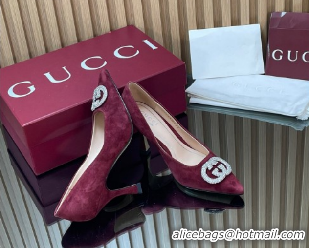 Grade Quality Gucci Suede Pumps 8.5cm with Strass Interlocking G 852995 Burgundy 2026