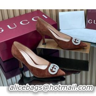 Pretty Style Gucci Suede Pumps 8.5cm with Strass Interlocking G 852995 Brown 2026