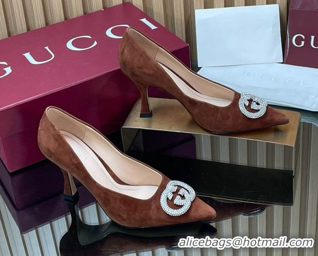 Pretty Style Gucci Suede Pumps 8.5cm with Strass Interlocking G 852995 Brown 2026
