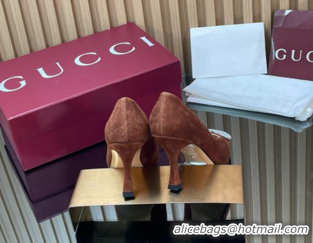 Pretty Style Gucci Suede Pumps 8.5cm with Strass Interlocking G 852995 Brown 2026