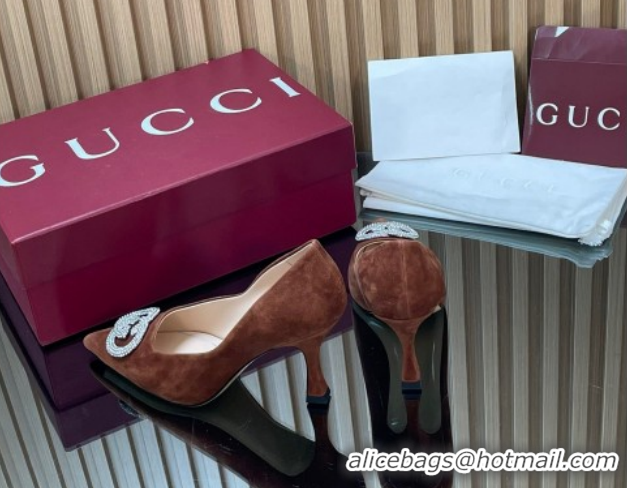 Pretty Style Gucci Suede Pumps 8.5cm with Strass Interlocking G 852995 Brown 2026