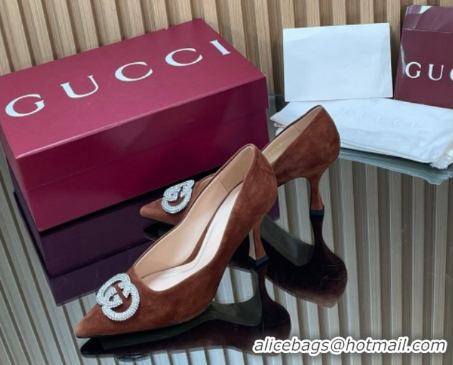 Pretty Style Gucci Suede Pumps 8.5cm with Strass Interlocking G 852995 Brown 2026