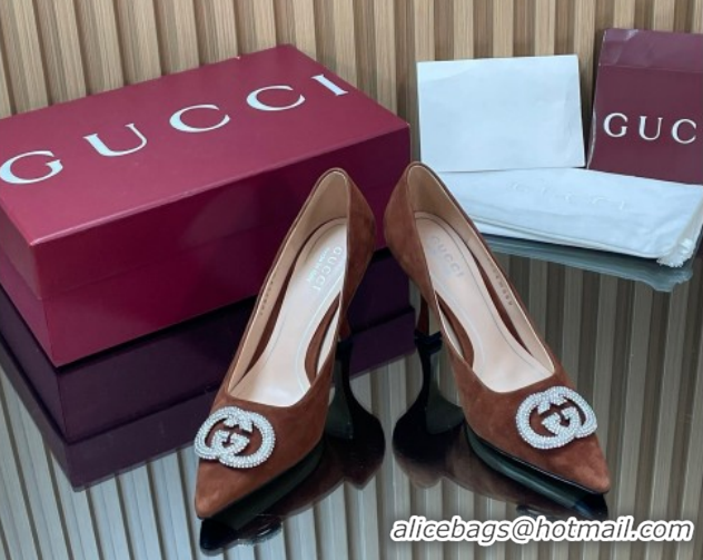 Pretty Style Gucci Suede Pumps 8.5cm with Strass Interlocking G 852995 Brown 2026