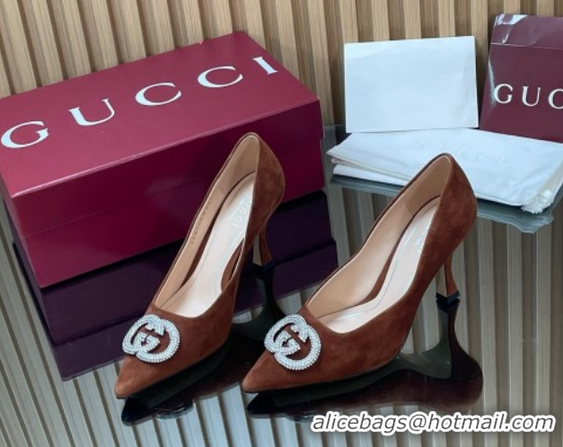 Pretty Style Gucci Suede Pumps 8.5cm with Strass Interlocking G 852995 Brown 2026