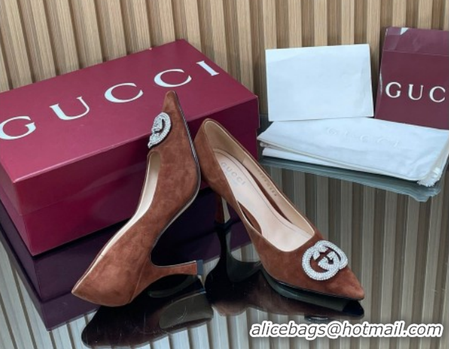 Pretty Style Gucci Suede Pumps 8.5cm with Strass Interlocking G 852995 Brown 2026