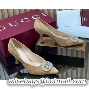 Luxurious Gucci Suede Pumps 8.5cm with Strass Interlocking G 852995 Beige 2026