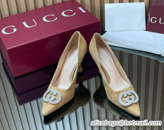 Luxurious Gucci Suede Pumps 8.5cm with Strass Interlocking G 852995 Beige 2026