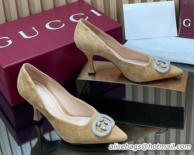 Luxurious Gucci Suede Pumps 8.5cm with Strass Interlocking G 852995 Beige 2026