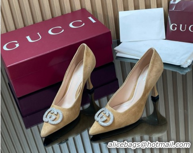 Luxurious Gucci Suede Pumps 8.5cm with Strass Interlocking G 852995 Beige 2026