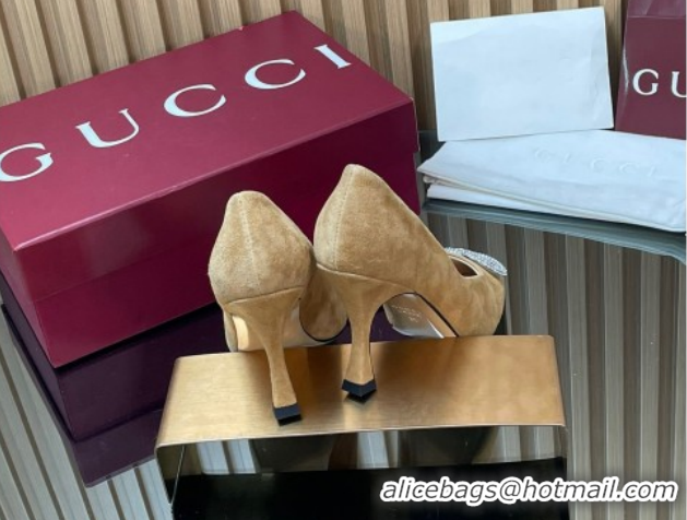 Luxurious Gucci Suede Pumps 8.5cm with Strass Interlocking G 852995 Beige 2026