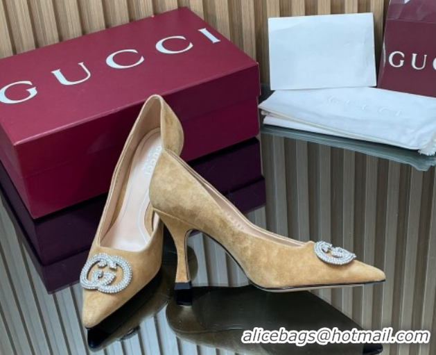 Luxurious Gucci Suede Pumps 8.5cm with Strass Interlocking G 852995 Beige 2026