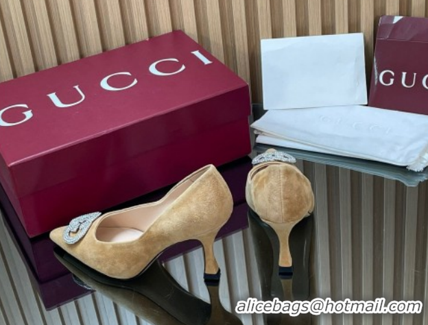 Luxurious Gucci Suede Pumps 8.5cm with Strass Interlocking G 852995 Beige 2026