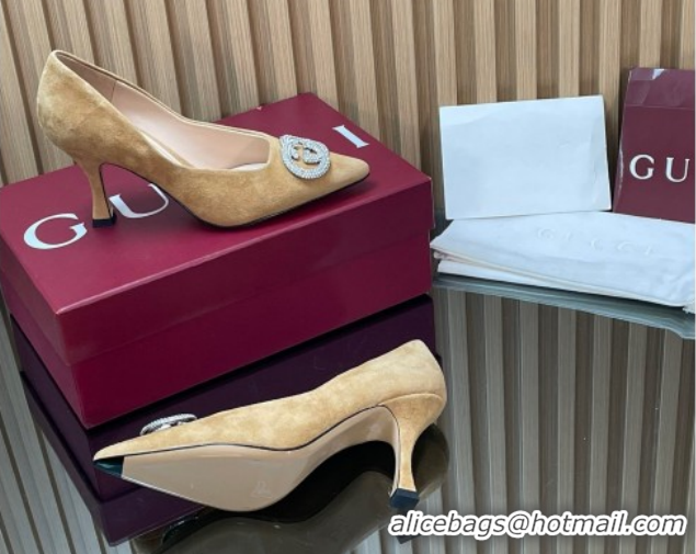 Luxurious Gucci Suede Pumps 8.5cm with Strass Interlocking G 852995 Beige 2026