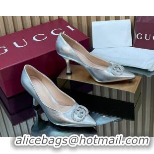 Most Popular Gucci Metallic Leather Pumps 8.5cm with Strass Interlocking G 852995 Silver 2026