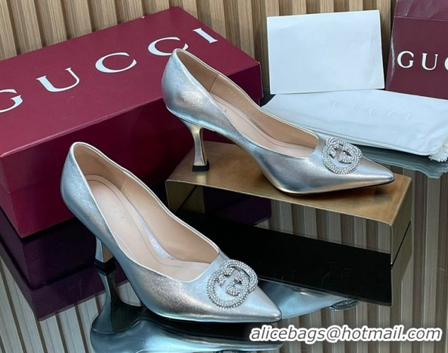 Most Popular Gucci Metallic Leather Pumps 8.5cm with Strass Interlocking G 852995 Silver 2026