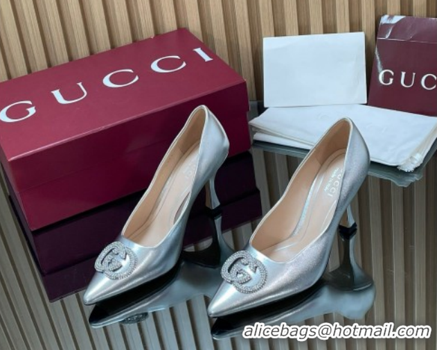 Most Popular Gucci Metallic Leather Pumps 8.5cm with Strass Interlocking G 852995 Silver 2026