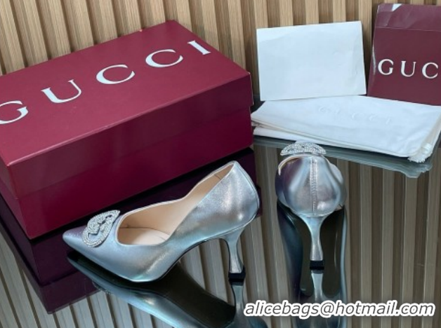 Most Popular Gucci Metallic Leather Pumps 8.5cm with Strass Interlocking G 852995 Silver 2026