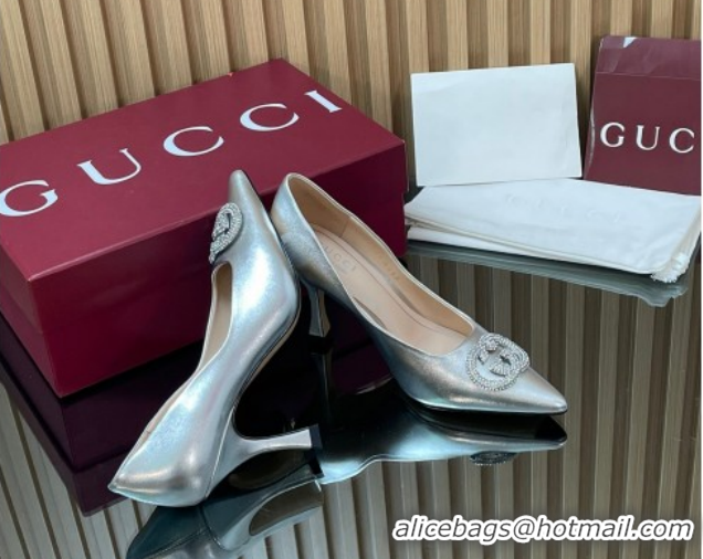 Most Popular Gucci Metallic Leather Pumps 8.5cm with Strass Interlocking G 852995 Silver 2026